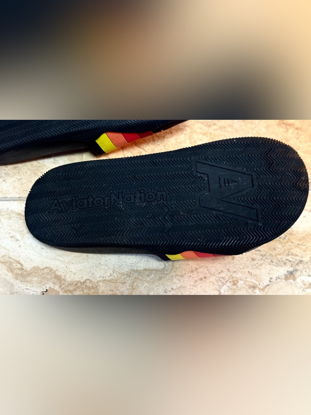 Aviator Nation Black Slides with Red-Orange-Yellow Stripe - Picture 3 of 8